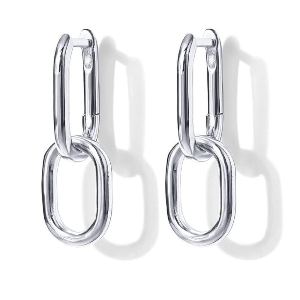 14K White Gold Plated Huggie Chain Link Drop Dangle Hoop Earrings - Picture 2 of 5